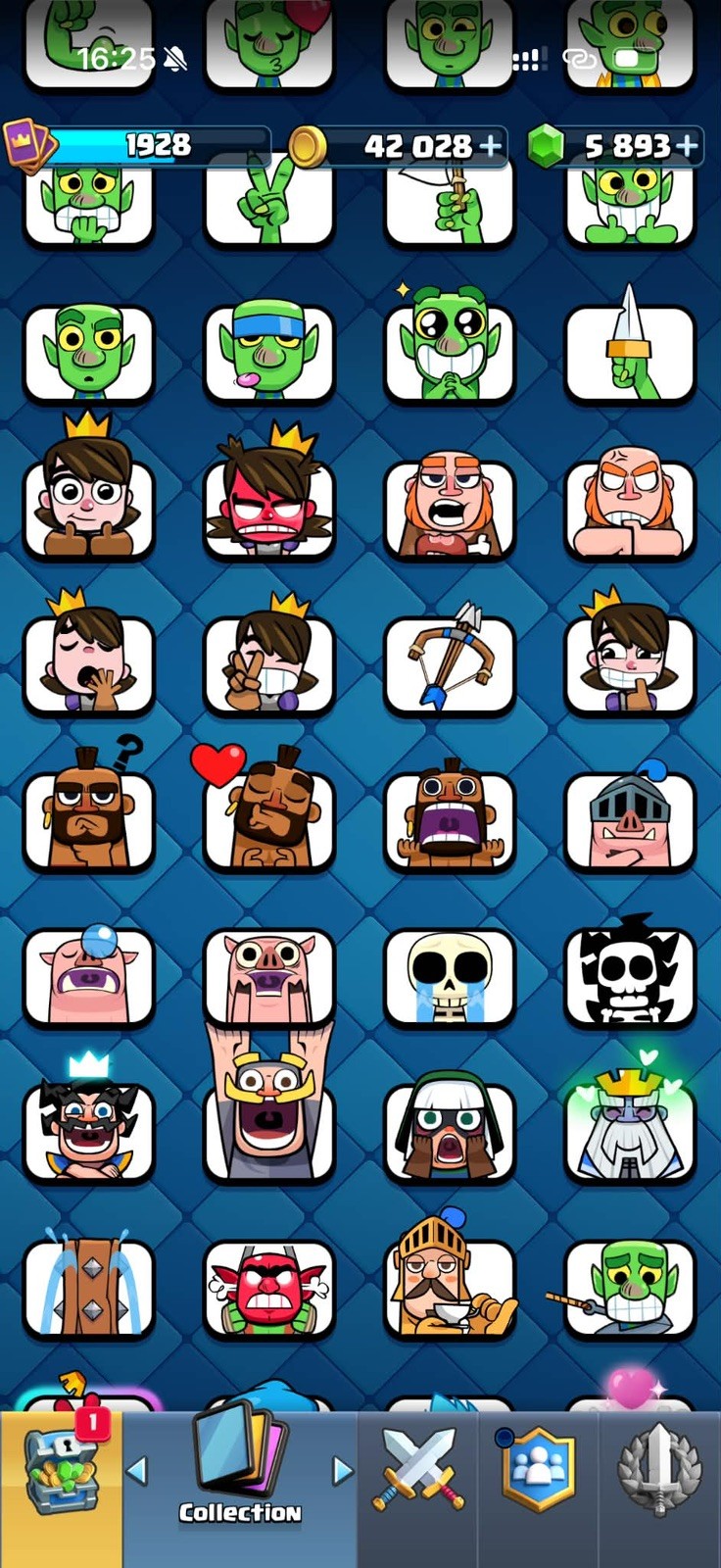 CR/LVL 75(80 Card LV 16-15-14) 13.5K Trophy/127 Emote/14 Tower Skin/32 Evoes