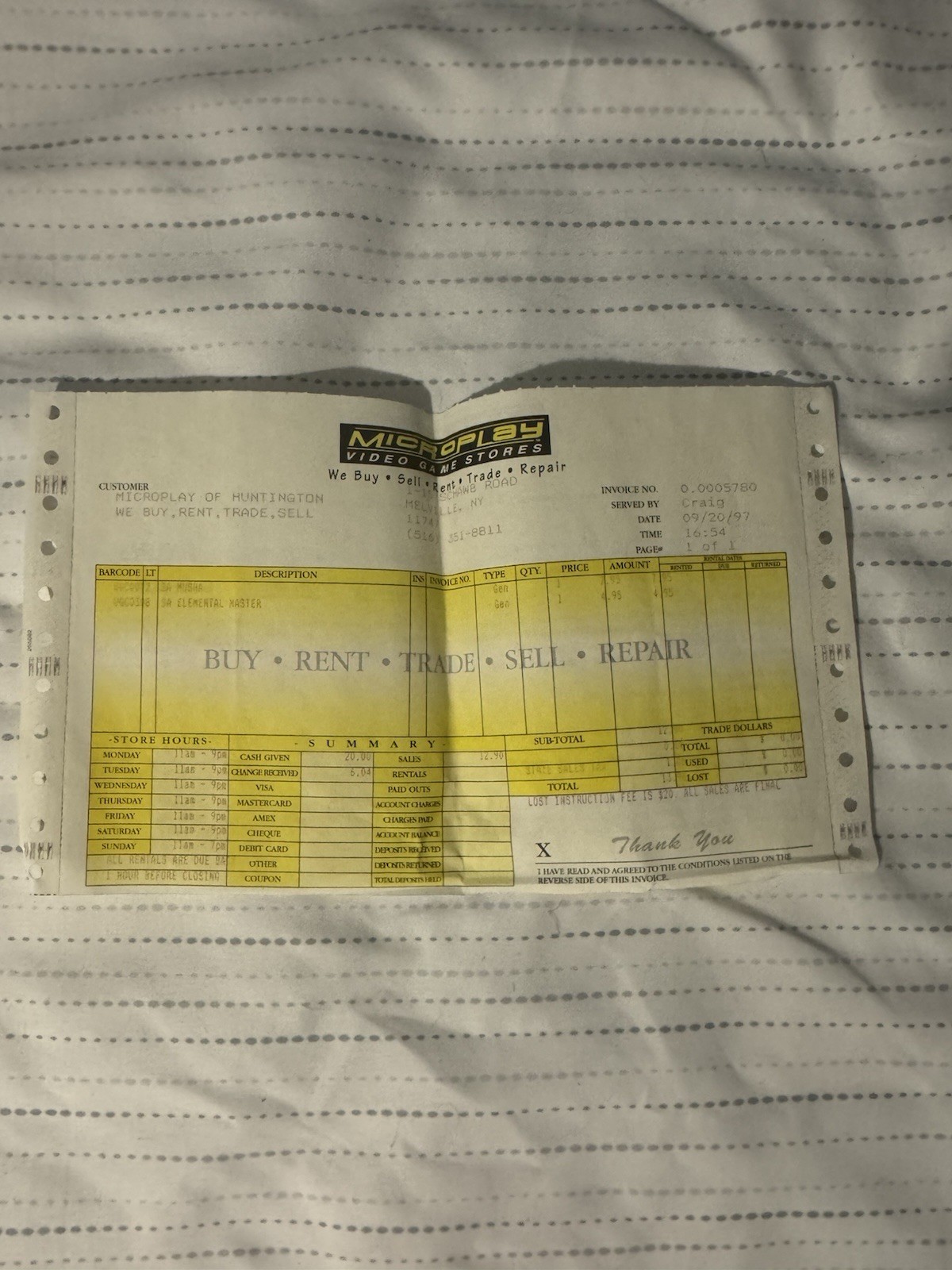 Authentic M.U.S.H.A. Sega Genesis Complete + Original 1997 Microplay Receipt