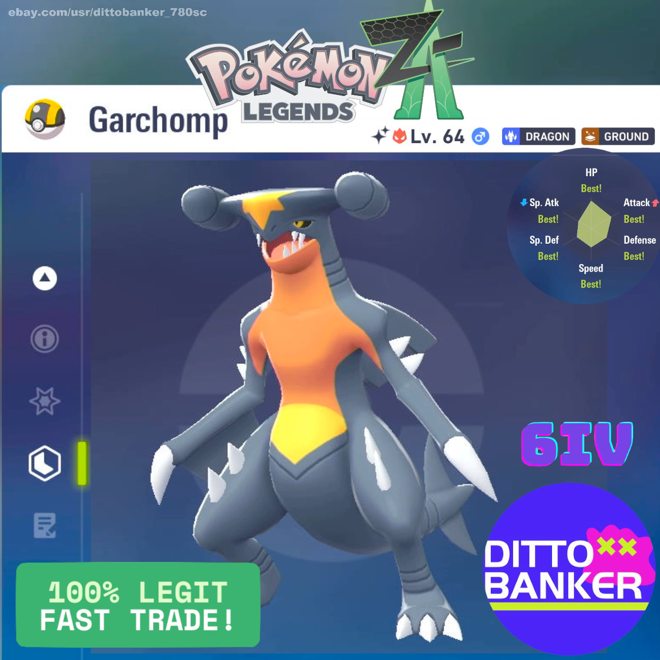Pokemon Legends ZA✨SHINY GARCHOMP Lv.64 ALPHA Adamant/6IV/Male FAST Tradė Ready