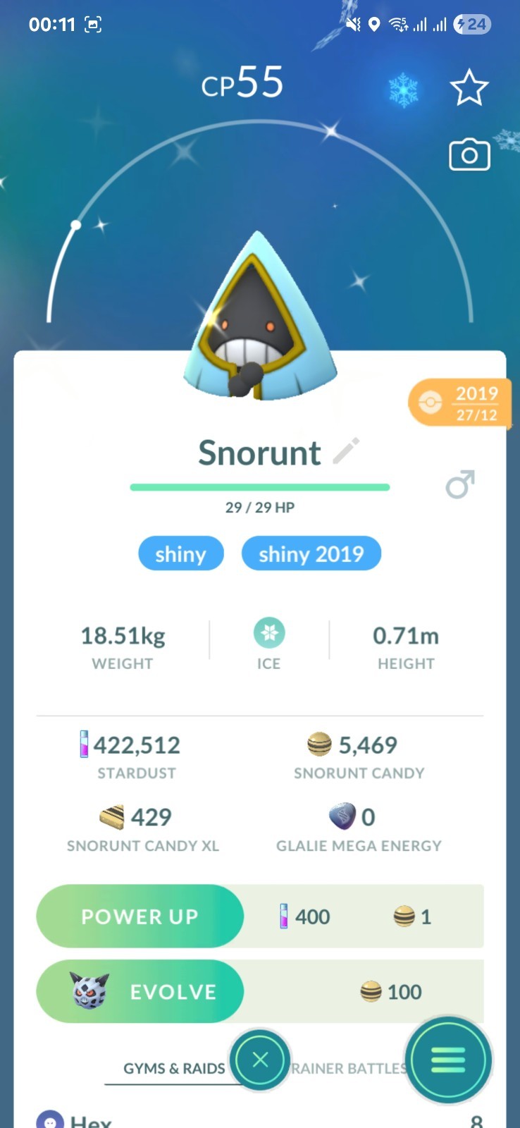 Shiny Snorunt Male ( Caught In 2019 ) Pokemon Tr@de Go