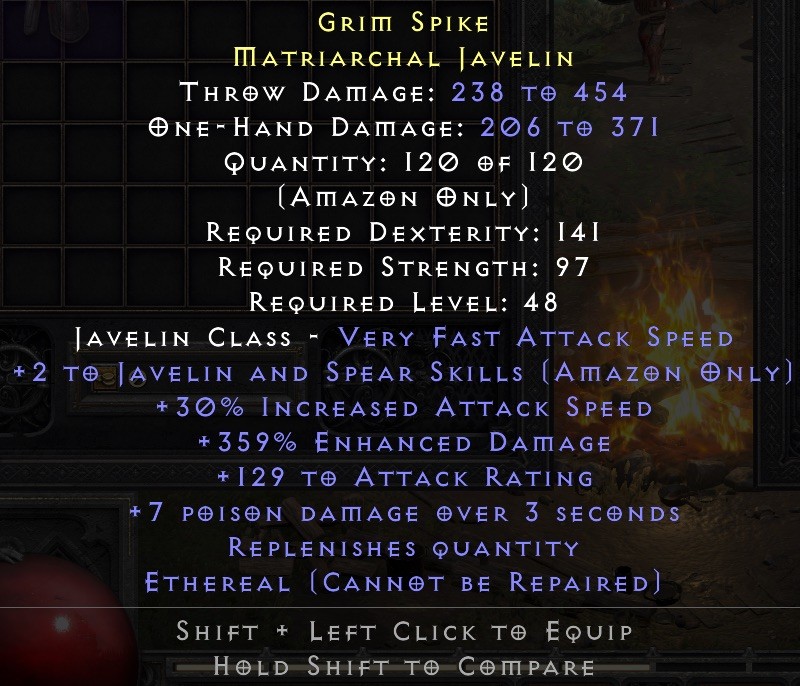 D2R Diablo 2 EREP Matriarchal Javelin – 30IAS/359ed/replenish quantity/ethereal
