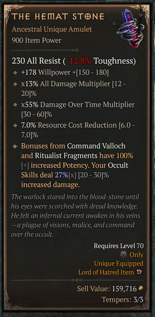 😈 DIABLO 4 SEASON 13 😈 The Hemat Stone 🔥 Unique Ancestral Ring 🔥 0-4 GA