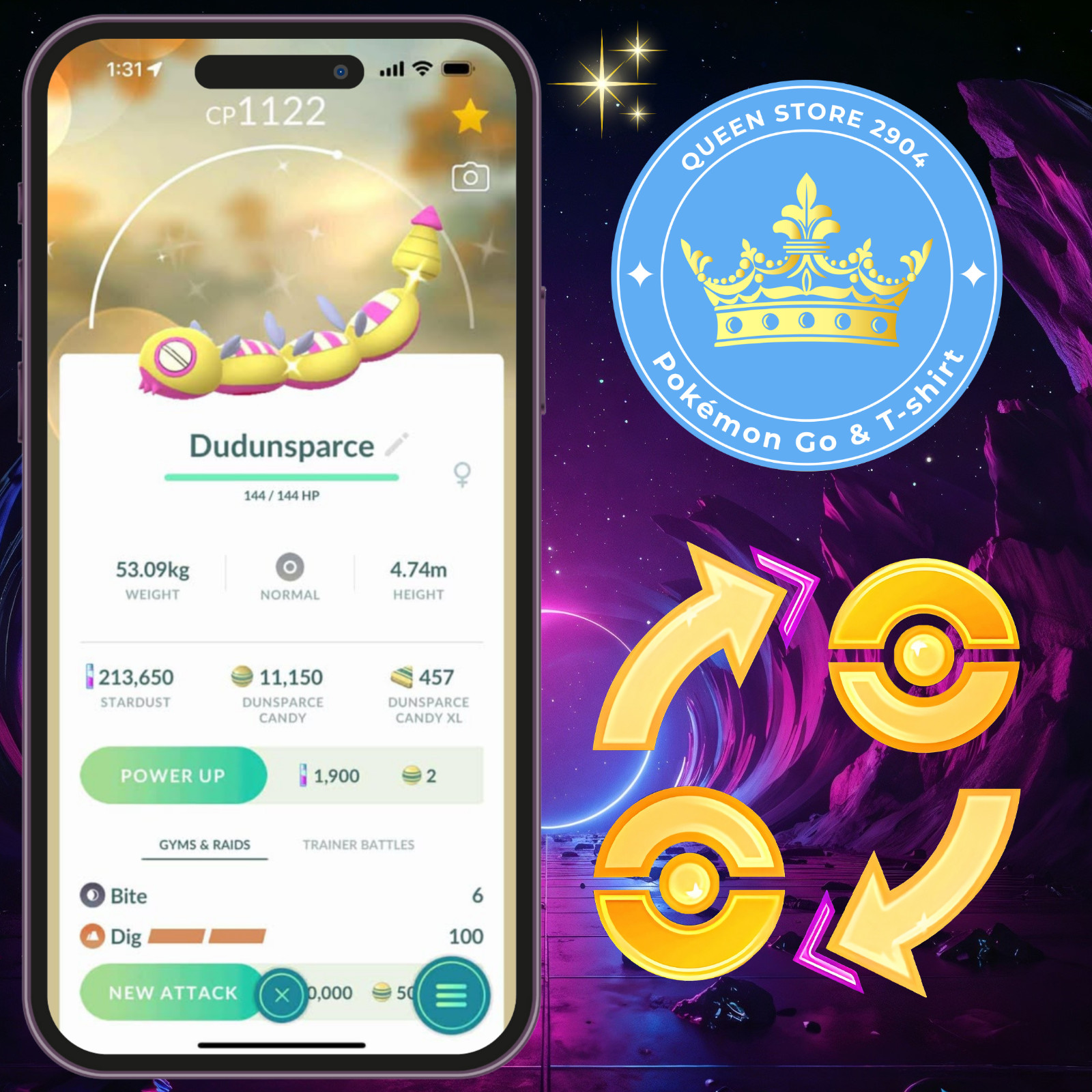 Pokémon PTC—TRADE—GO — Shiny Dudunsparce (Three-Segment Form)—Registered—Digital