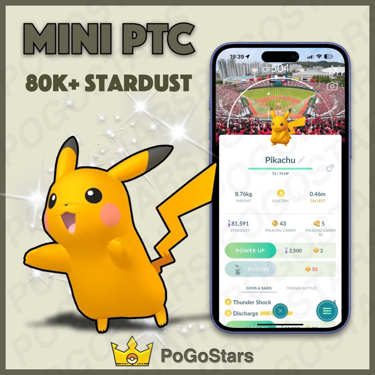 Pokémon PTC Go – Shiny Pikachu Sajik Baseball Background – 80K✨Busan Korea✨