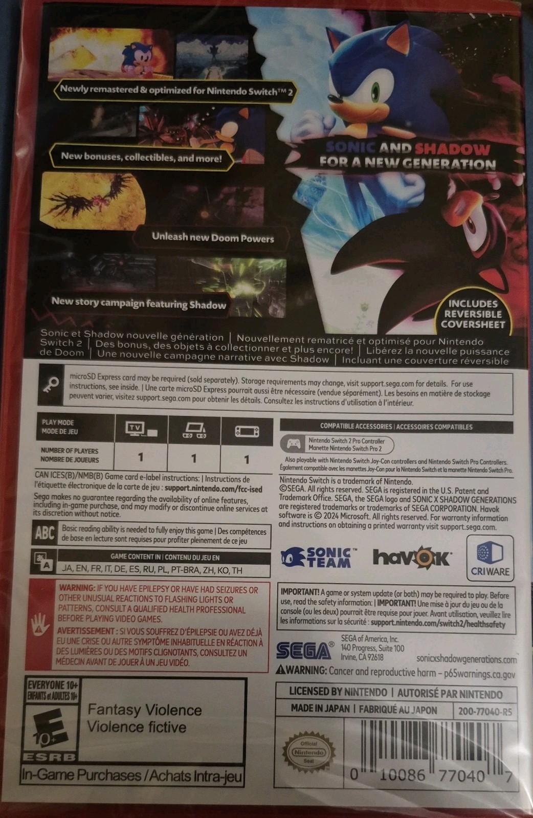 Sonic X Shadow Generations for Nintendo Switch 2 Game-Key Card Day One Edition