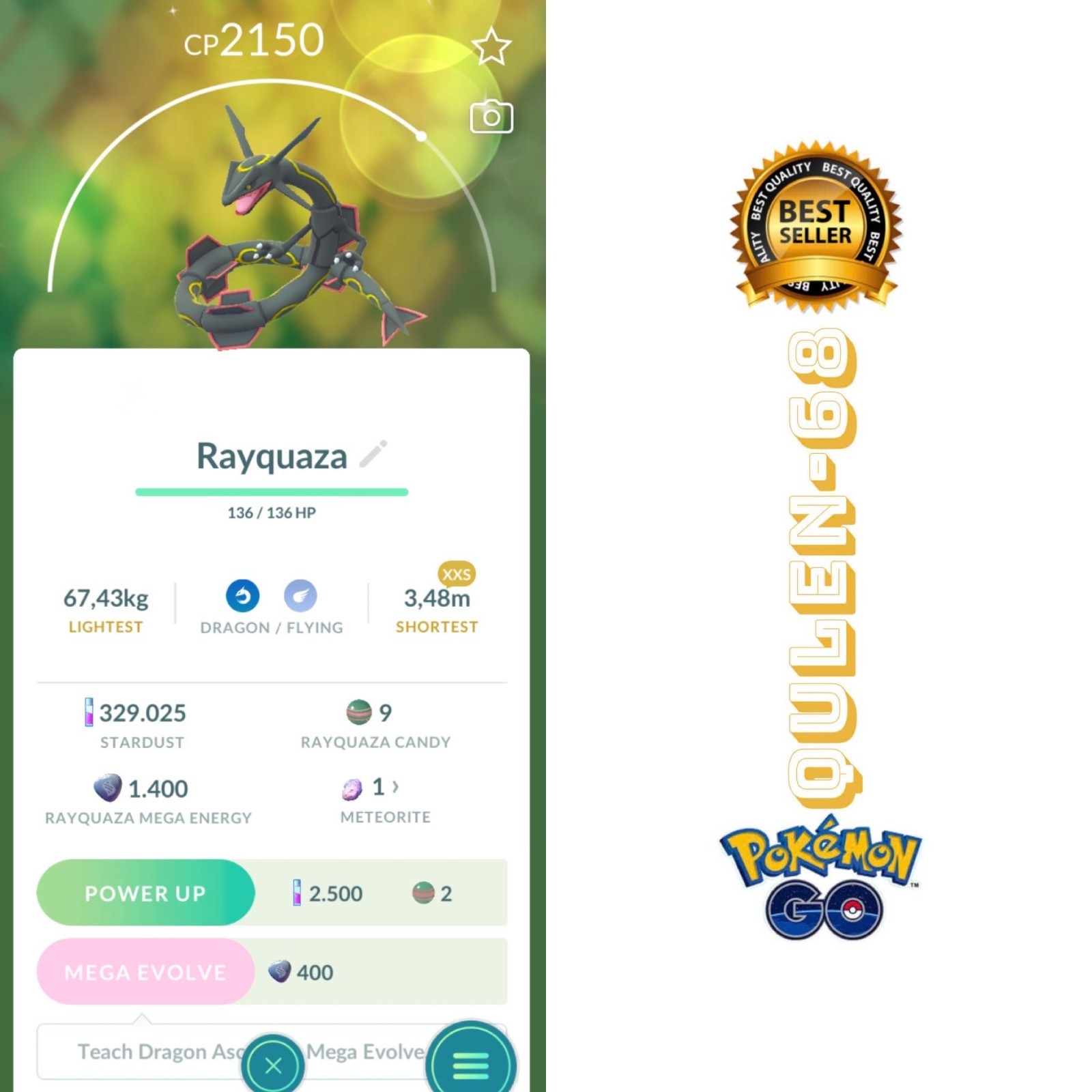 PoKéMon Go – Shiny Rayquaza Sz XXS have Meteorite – P”T C- available