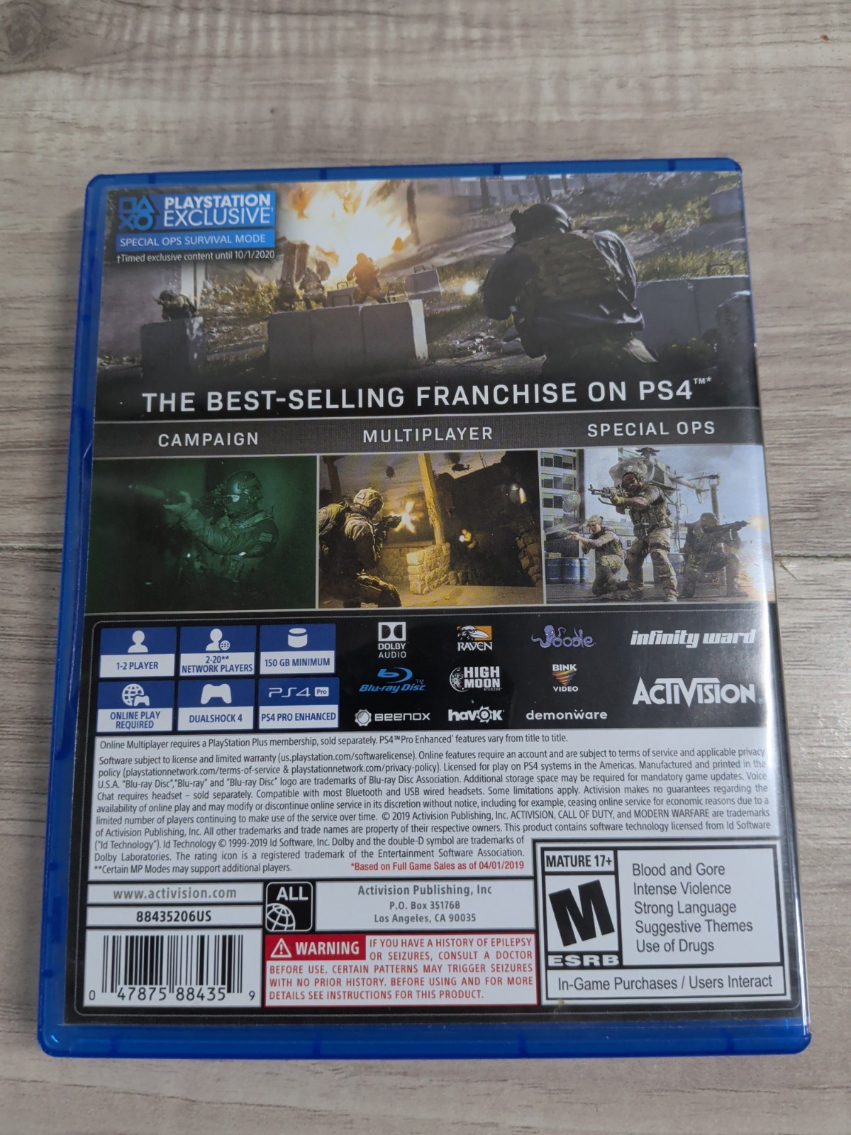 Call of Duty Modern Warfare Sony Playstation 4 PS4 Video Game 2019 with Case