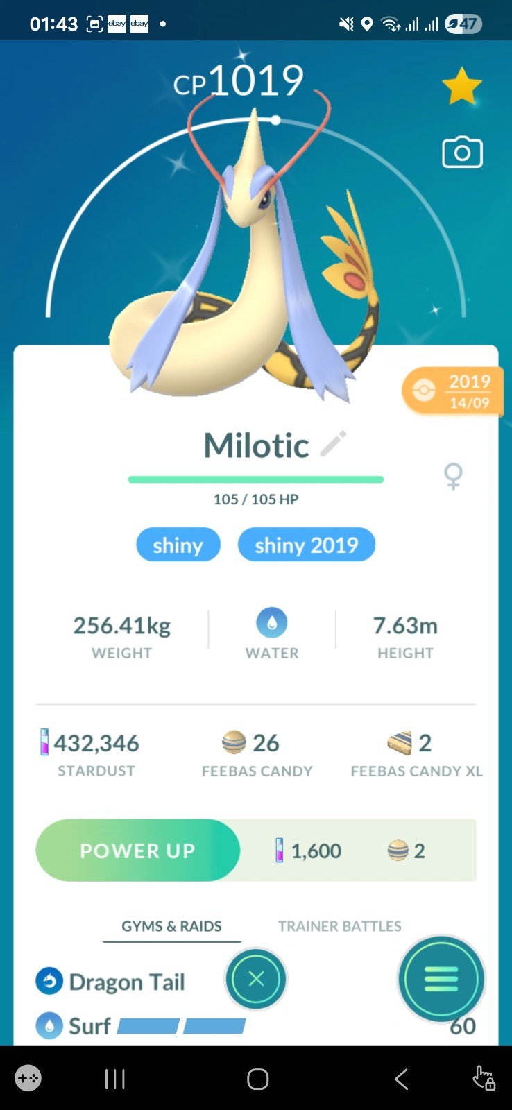 Shiny Milotic ( Caught In 2019 ) Pokemon Tr@de Go