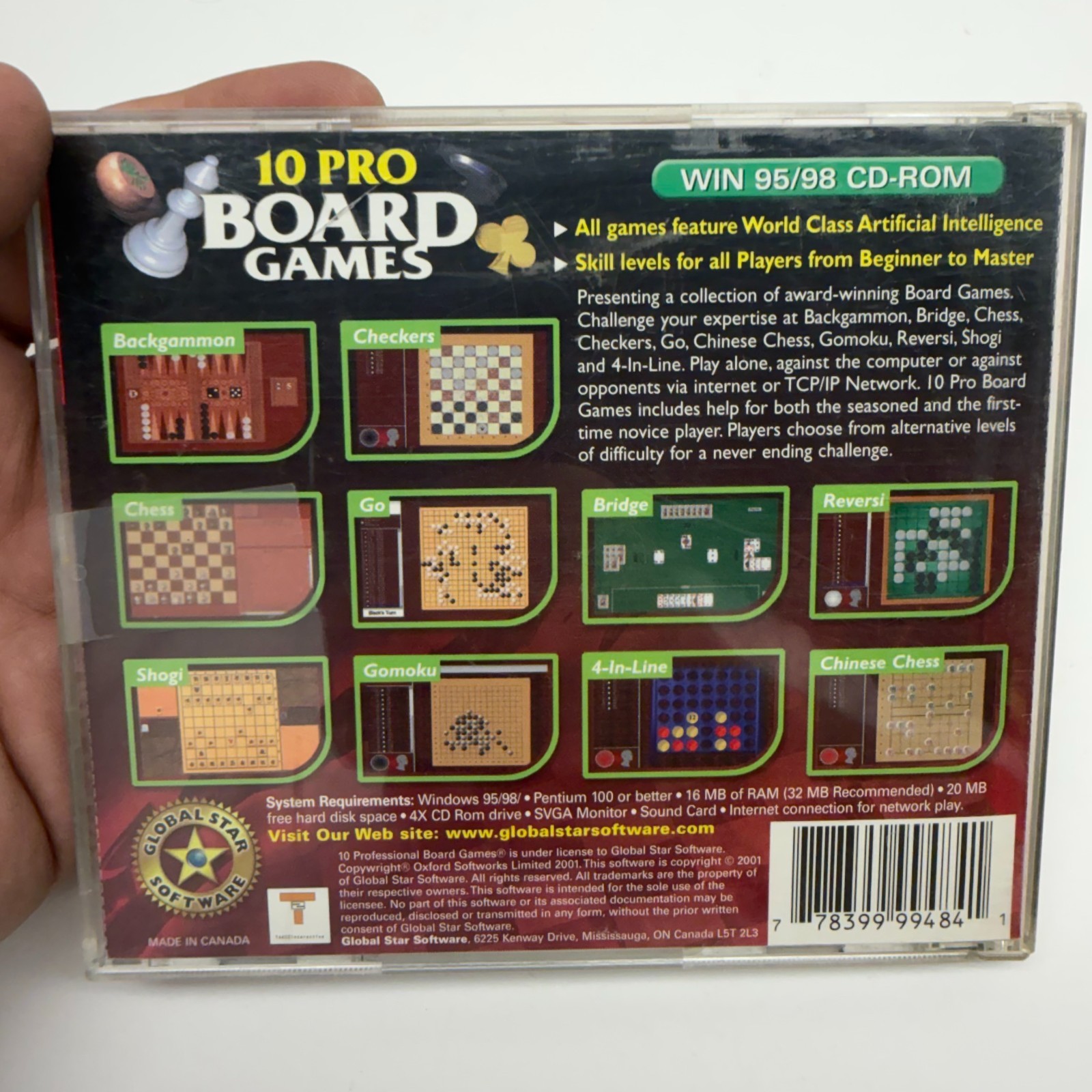 10 Pro Board Games PC CD ROM Game Global Star Software 2001 Windows 95/98 OLD