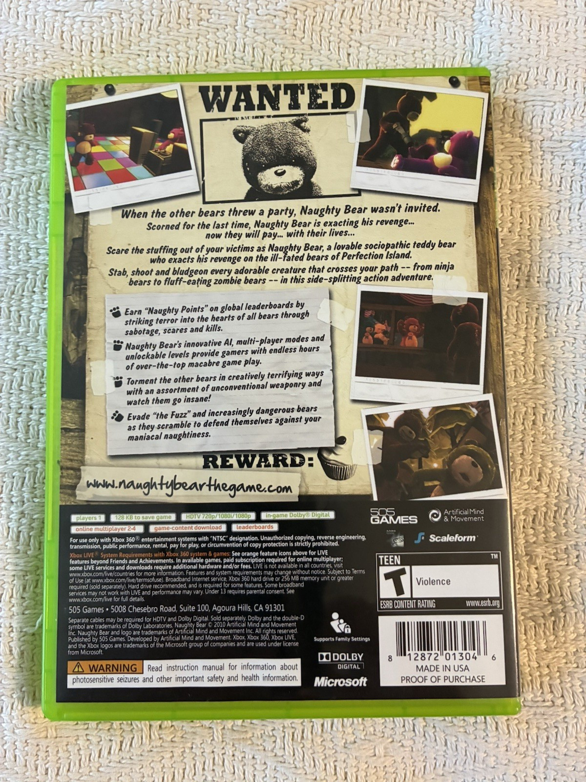 Microsoft Xbox 360 Naughty Bear Game Case Manual 2010 Tested Works